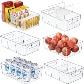 6 Pack Pantry Organizers and Storage,Clear Plastic Containers with 2 Dividers for Kitchen,Fridge Organization and Storage,Acrylic Bins for Pounch
