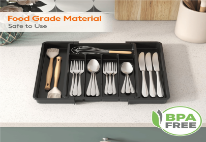 Silverware Drawer Organizer, Expandable Utensil Tray for Kitchen, BPA Free Flatware and Cutlery Holder (Color: Black)